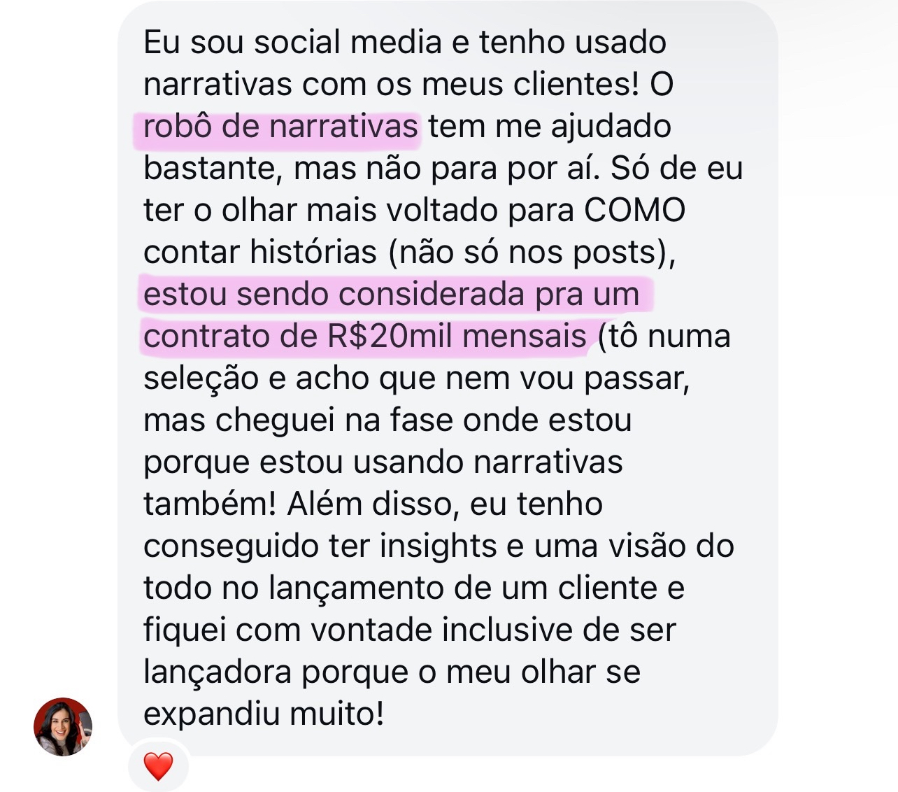 Depoimento de social media sobre o uso de narrativas com clientes